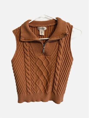 Jessica Simpson Brown Ribbed Knit Sleeveless‎ Collared Quarter Zip
